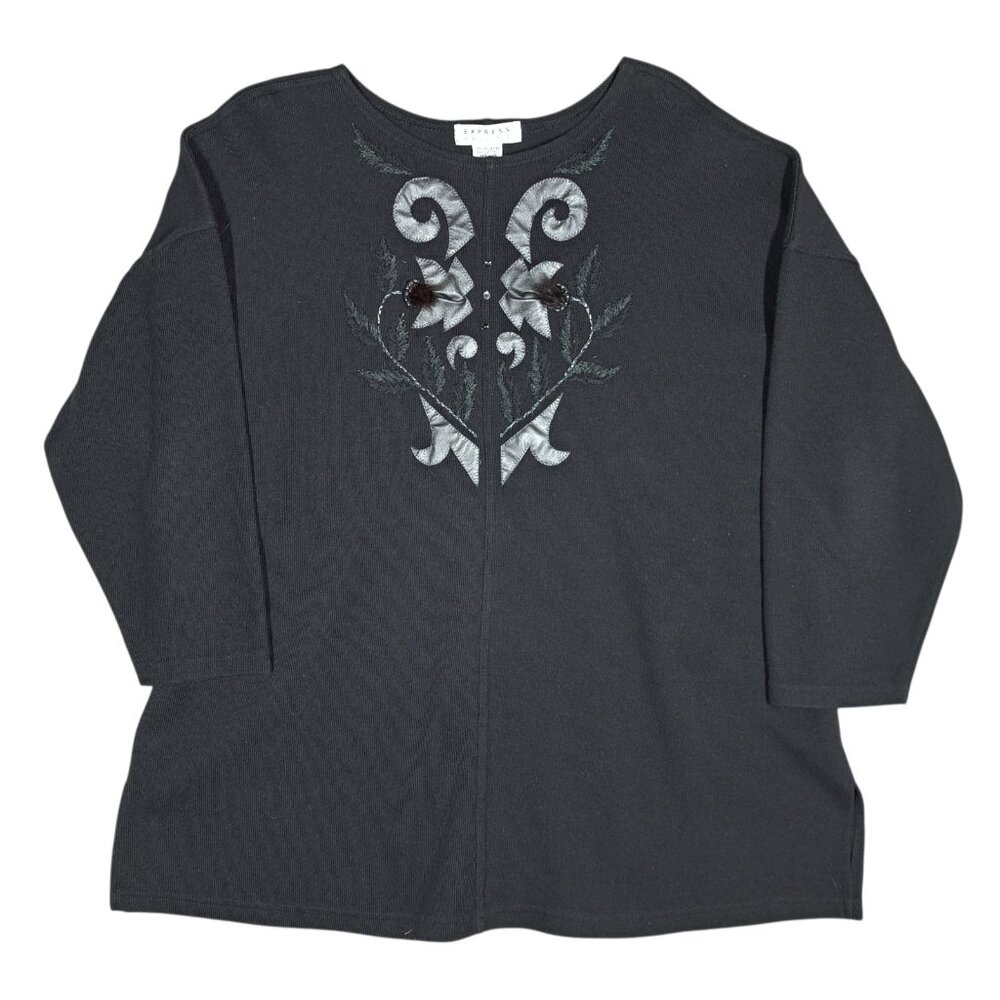 Express Tricot Sweater Sz S Black Whimsigoth Embroidered Feathers 90s Womens Vtg